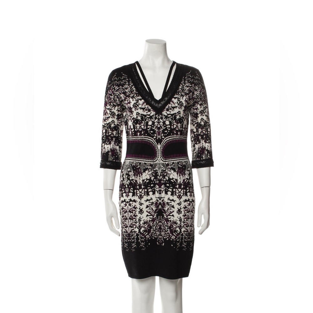 Roberto Cavalli Black and White Sheath Dress V-Neck 3/4 Sleeve